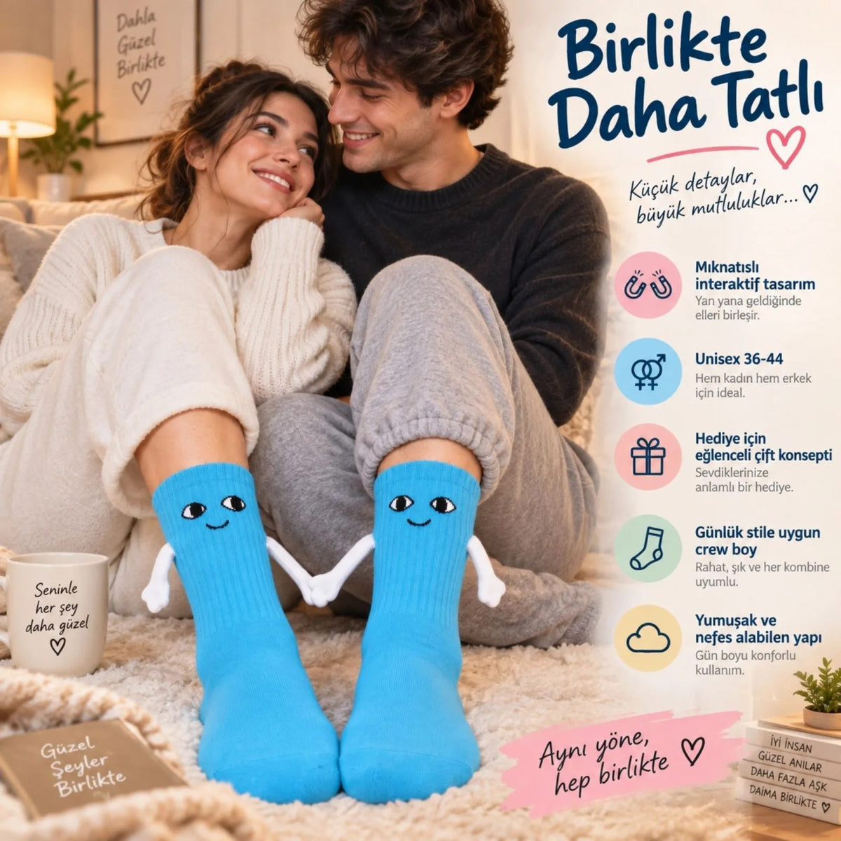 Mıknatıslı El Ele 2'li Unisex Tutuşan Sevimli Çorap 36-44 | Çift Hediyesi, Pamuklu Renkli Crew Model