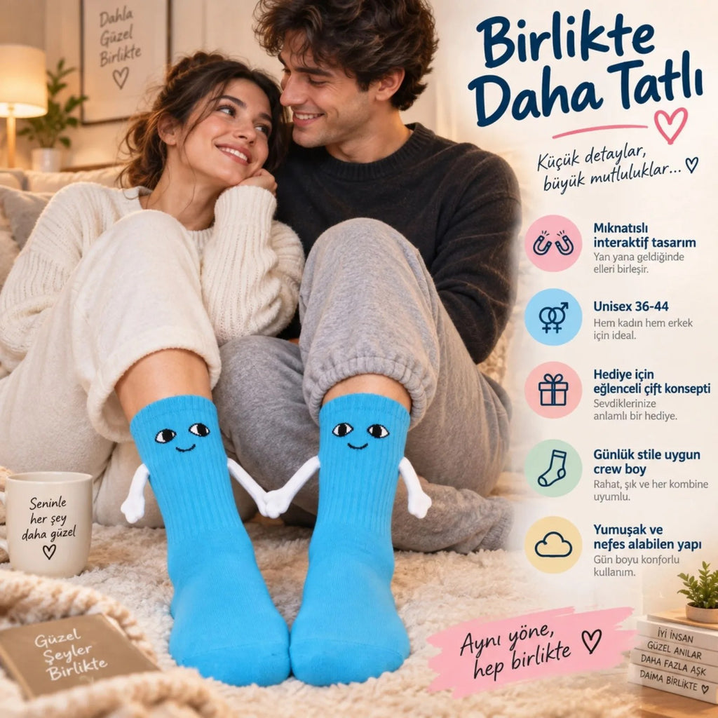 Mıknatıslı El Ele Unisex Tutuşan Sevimli Çorap 36-44 | Çift Hediyesi, Pamuklu Renkli Crew Model