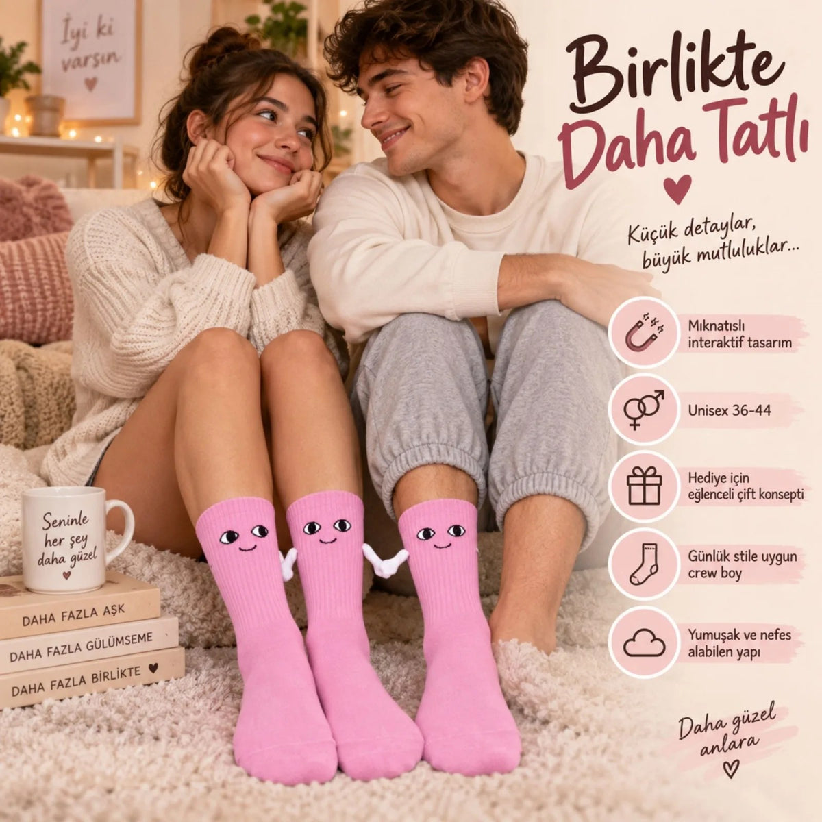 Mıknatıslı El Ele 2'li Unisex Tutuşan Sevimli Çorap 36-44 | Çift Hediyesi, Pamuklu Renkli Crew Model