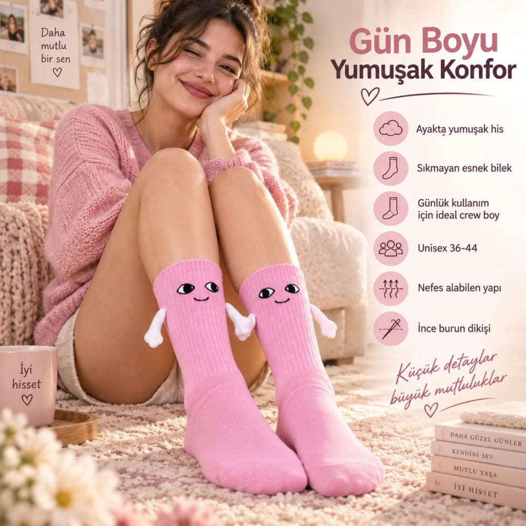 Mıknatıslı El Ele Unisex Tutuşan Sevimli Çorap 36-44 | Çift Hediyesi, Pamuklu Renkli Crew Model