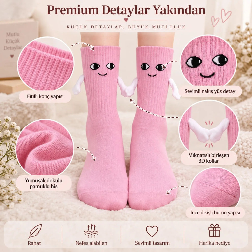 Mıknatıslı El Ele 2'li Unisex Tutuşan Sevimli Çorap 36-44 | Çift Hediyesi, Pamuklu Renkli Crew Model