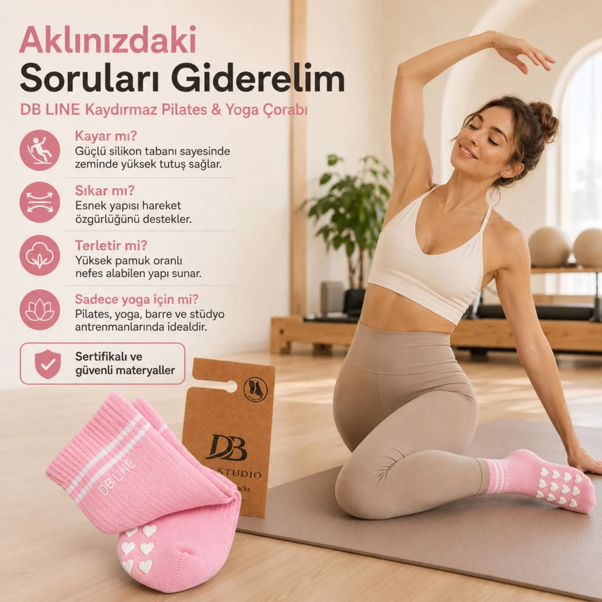 DB LINE Kaydırmaz Yoga Pilates Çorabı 4'lü | Pamuklu Silikon Taban, Barre Stüdyo Spor