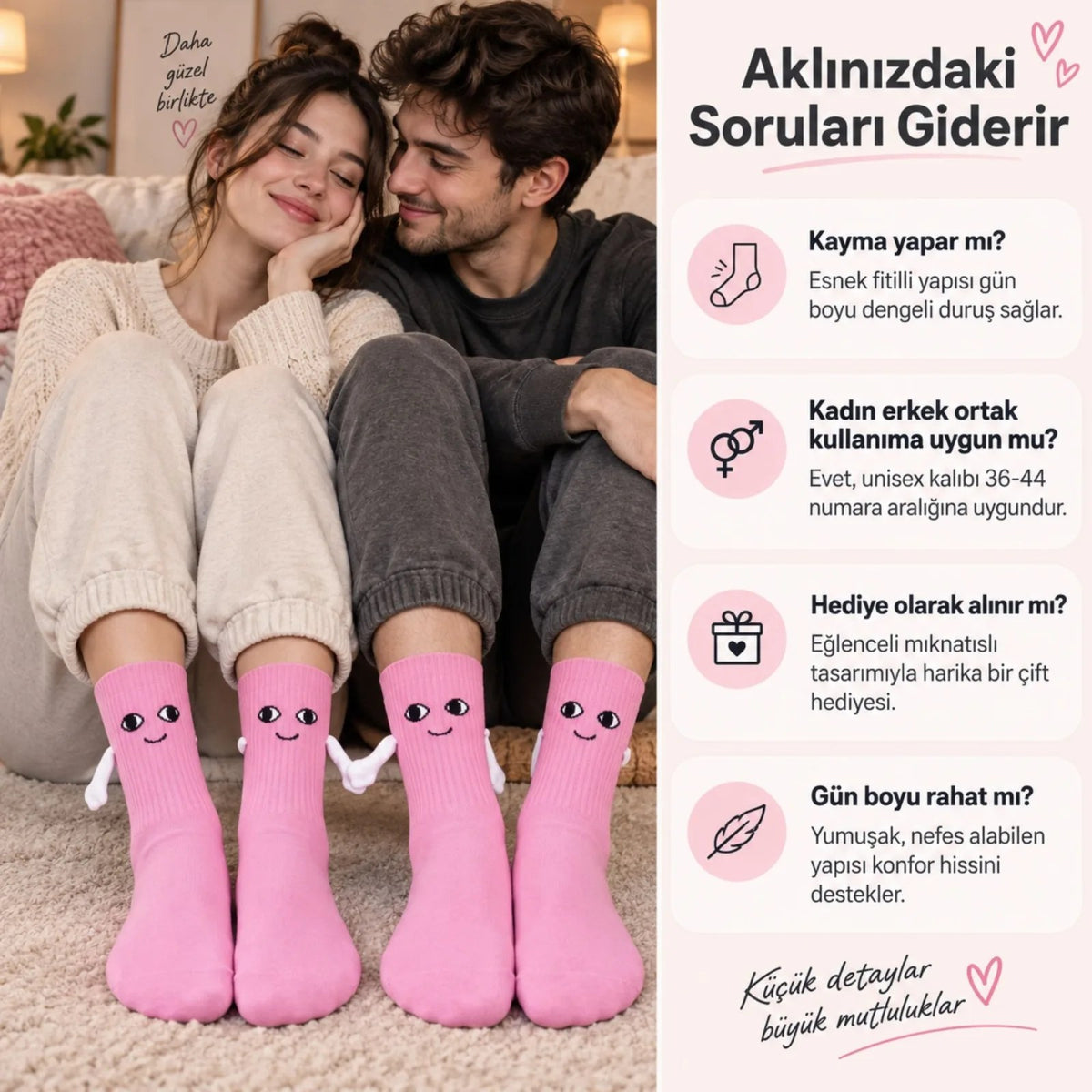 Mıknatıslı El Ele Unisex Tutuşan Sevimli Çorap 36-44 | Çift Hediyesi, Pamuklu Renkli Crew Model