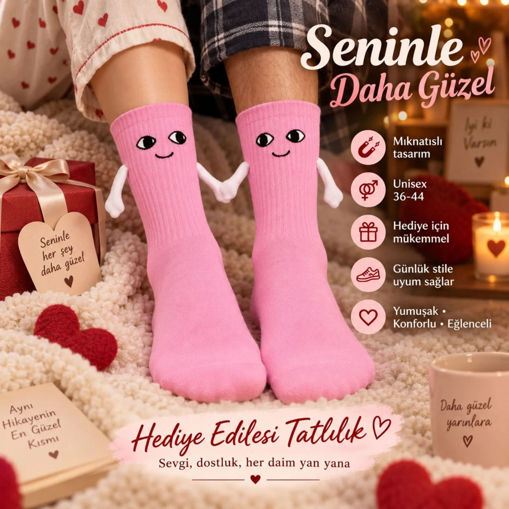 Mıknatıslı El Ele Unisex Tutuşan Sevimli Çorap 36-44 | Çift Hediyesi, Pamuklu Renkli Crew Model