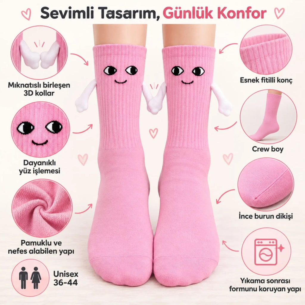 Mıknatıslı El Ele Unisex Tutuşan Sevimli Çorap 36-44 | Çift Hediyesi, Pamuklu Renkli Crew Model