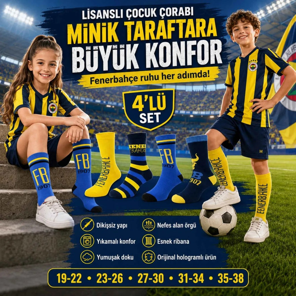 Fenerbahçe Lisanslı Çocuk Çorabı 4’lü Set | Dikişsiz, Yumuşak, Esnek ve Hologramlı Taraftar Çorabı 19-38 Numara