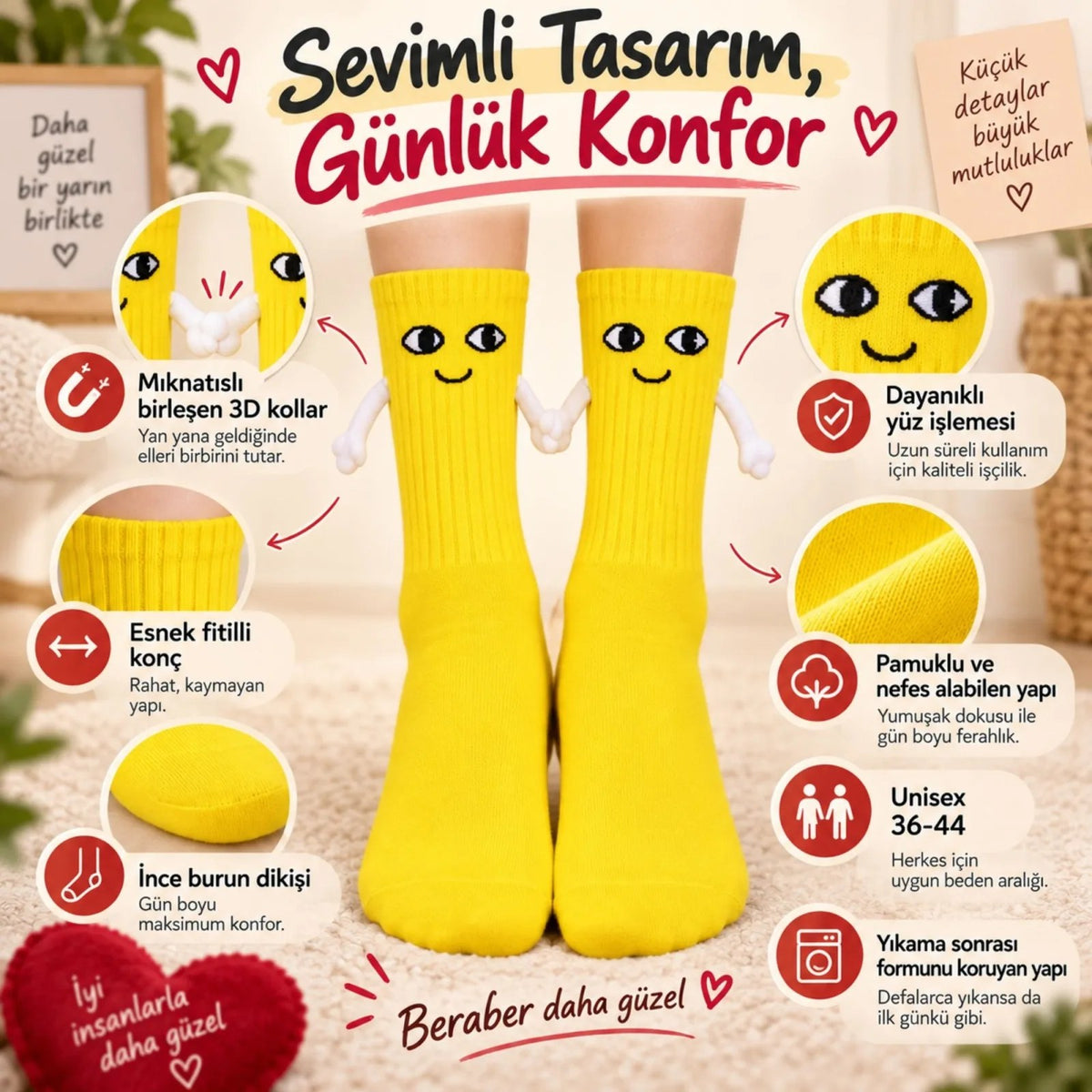 Mıknatıslı El Ele Unisex Tutuşan Sevimli Çorap 36-44 | Çift Hediyesi, Pamuklu Renkli Crew Model