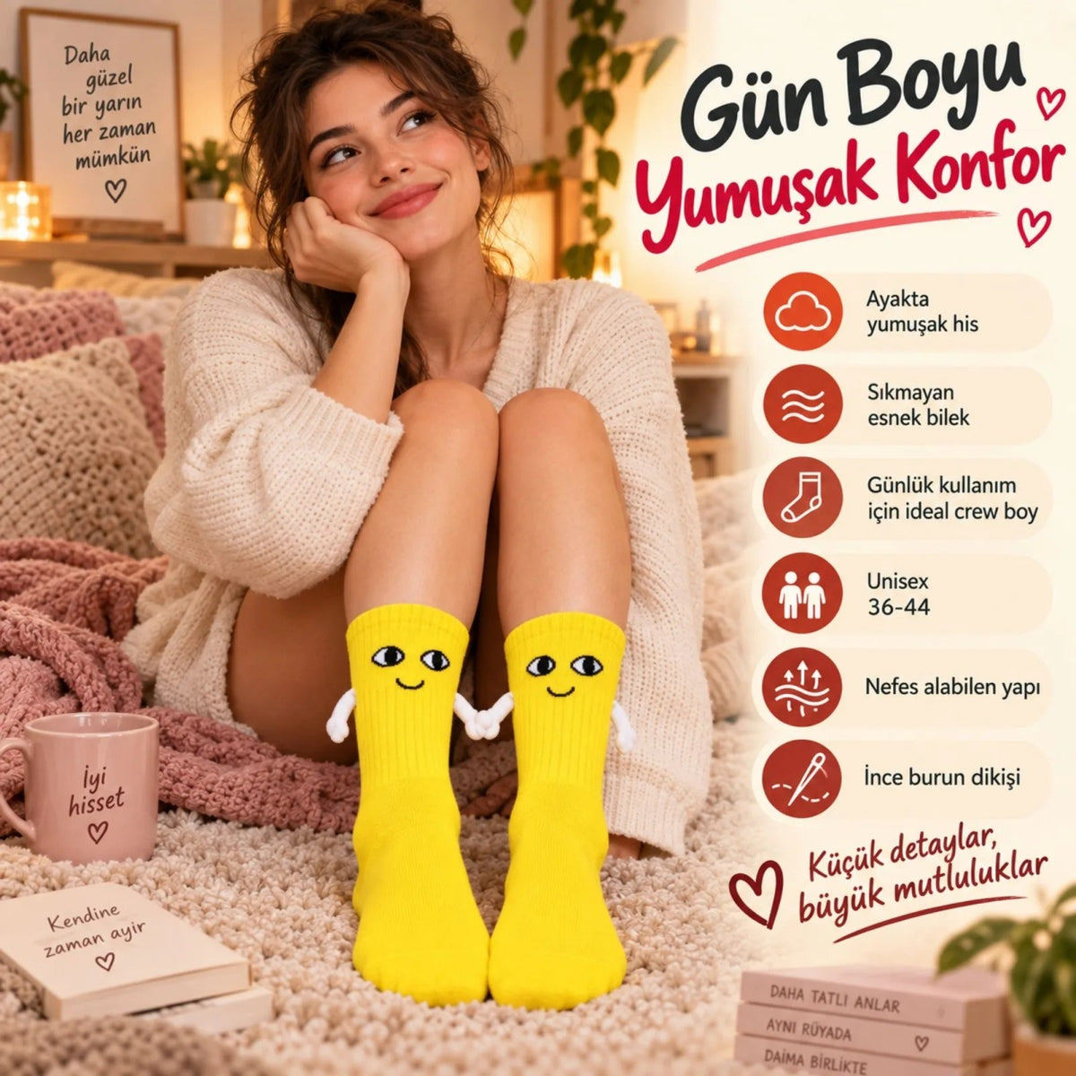 Mıknatıslı El Ele 2'li Unisex Tutuşan Sevimli Çorap 36-44 | Çift Hediyesi, Pamuklu Renkli Crew Model