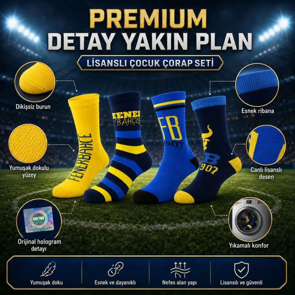 Fenerbahçe Lisanslı Çocuk Çorabı 4’lü Set | Dikişsiz, Yumuşak, Esnek ve Hologramlı Taraftar Çorabı 19-38 Numara