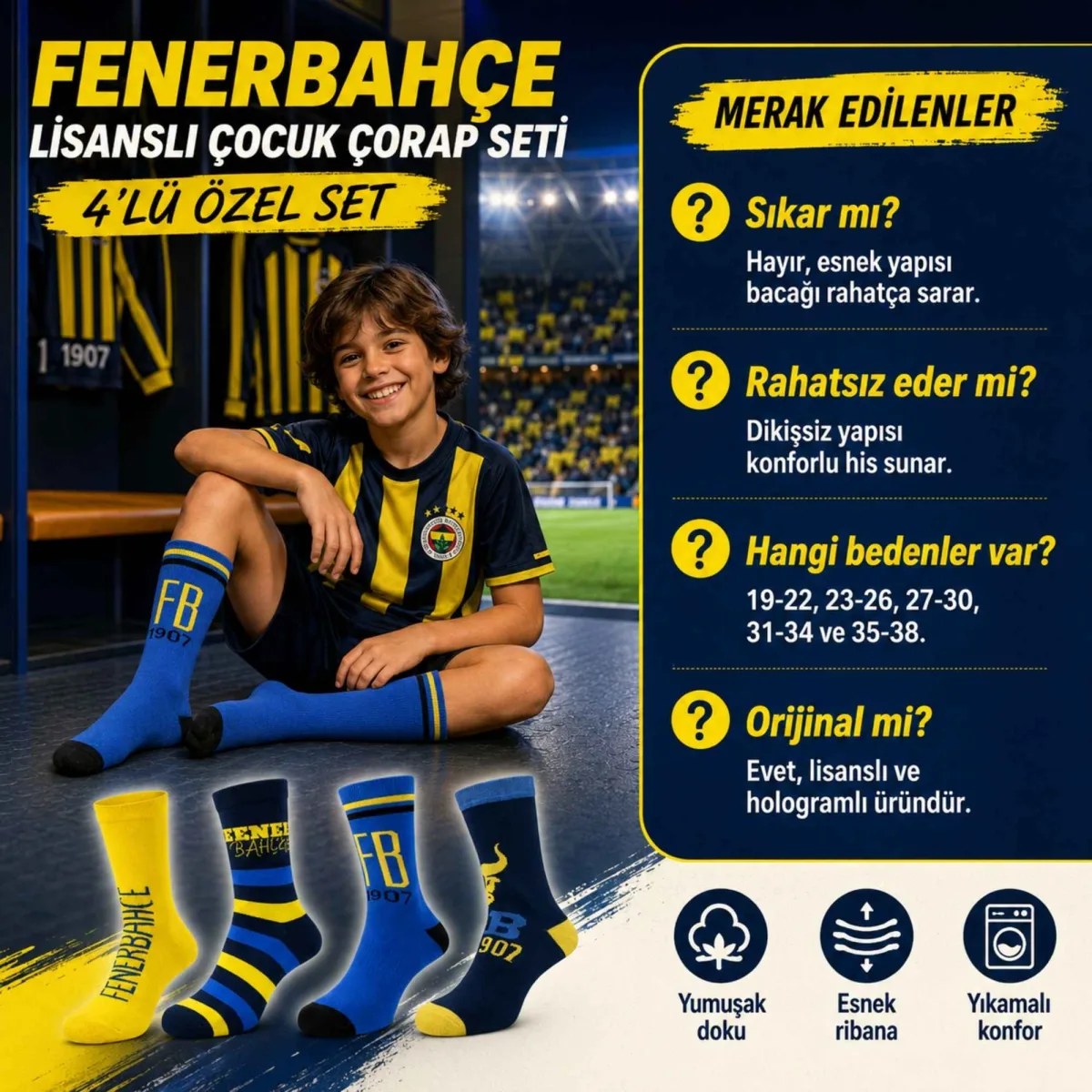 Fenerbahçe Lisanslı Çocuk Çorabı 4’lü Set | Dikişsiz, Yumuşak, Esnek ve Hologramlı Taraftar Çorabı 19-38 Numara