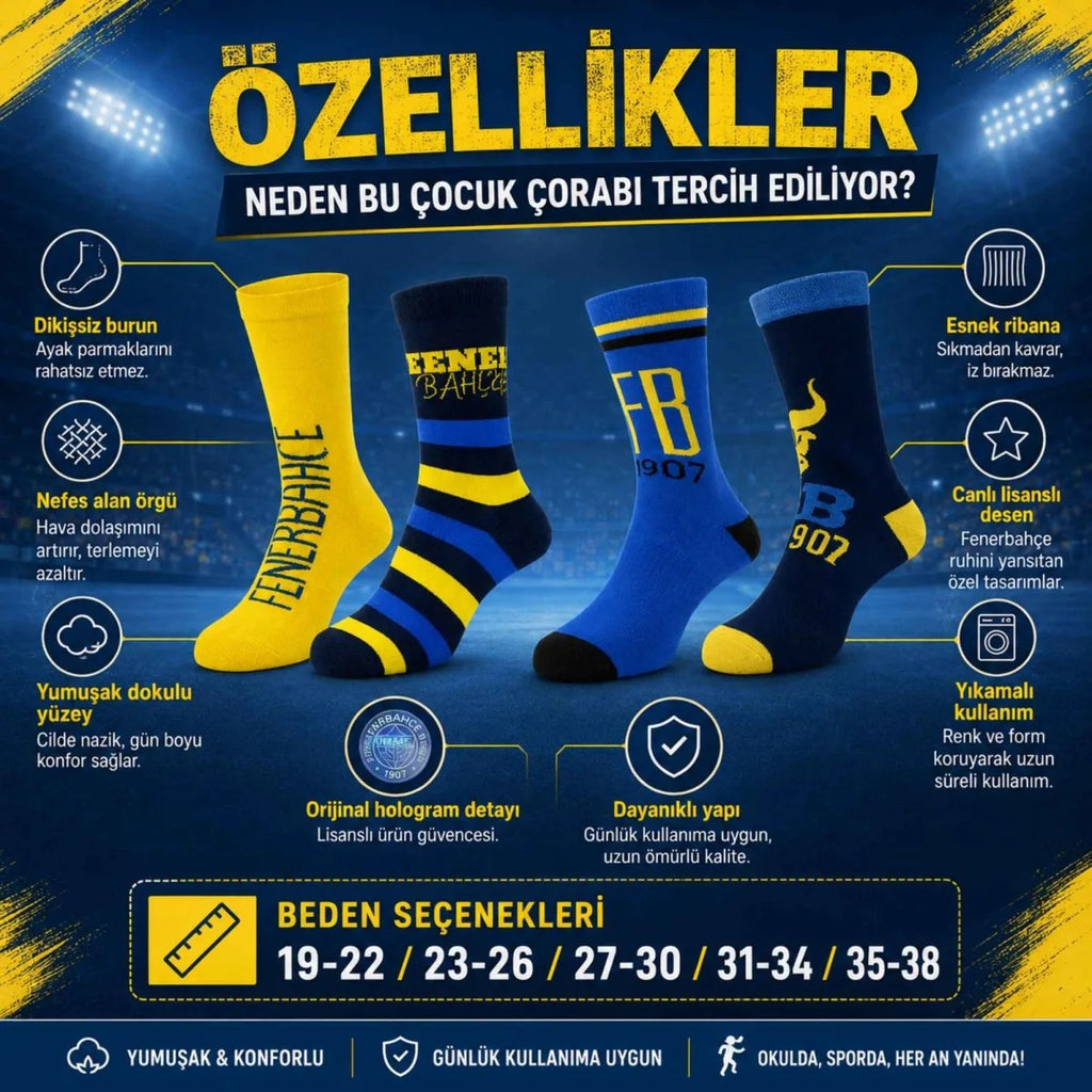 Fenerbahçe Lisanslı Çocuk Çorabı 4’lü Set | Dikişsiz, Yumuşak, Esnek ve Hologramlı Taraftar Çorabı 19-38 Numara