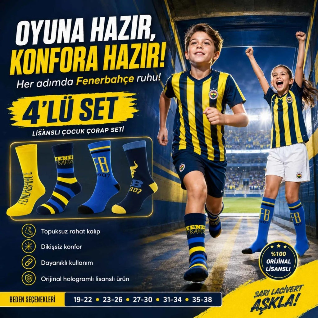 Fenerbahçe Lisanslı Çocuk Çorabı 4’lü Set | Dikişsiz, Yumuşak, Esnek ve Hologramlı Taraftar Çorabı 19-38 Numara