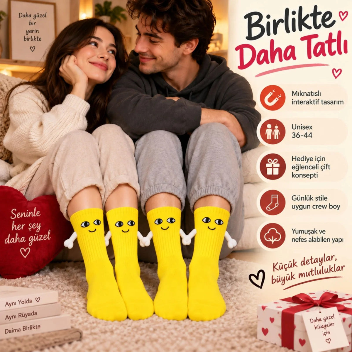 Mıknatıslı El Ele Unisex Tutuşan Sevimli Çorap 36-44 | Çift Hediyesi, Pamuklu Renkli Crew Model