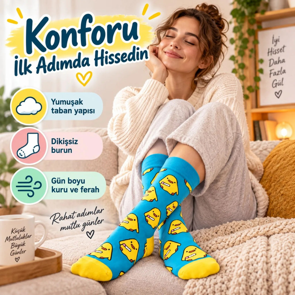 Renkli Civciv Desenli Unisex Soket Çorap | Yumuşak, Esnek ve Konforlu Günlük Kullanım 6'lı Set