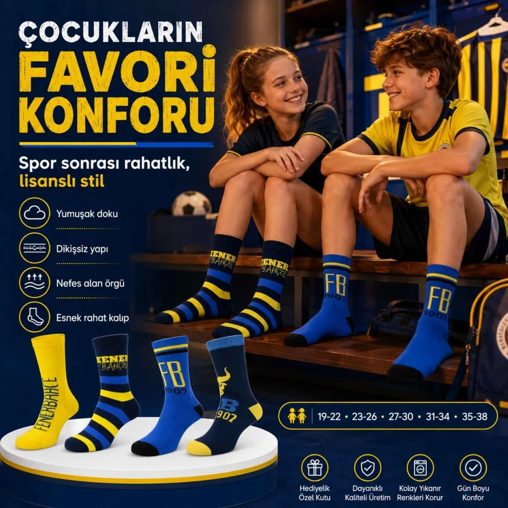Fenerbahçe Lisanslı Çocuk Çorabı 4’lü Set | Dikişsiz, Yumuşak, Esnek ve Hologramlı Taraftar Çorabı 19-38 Numara
