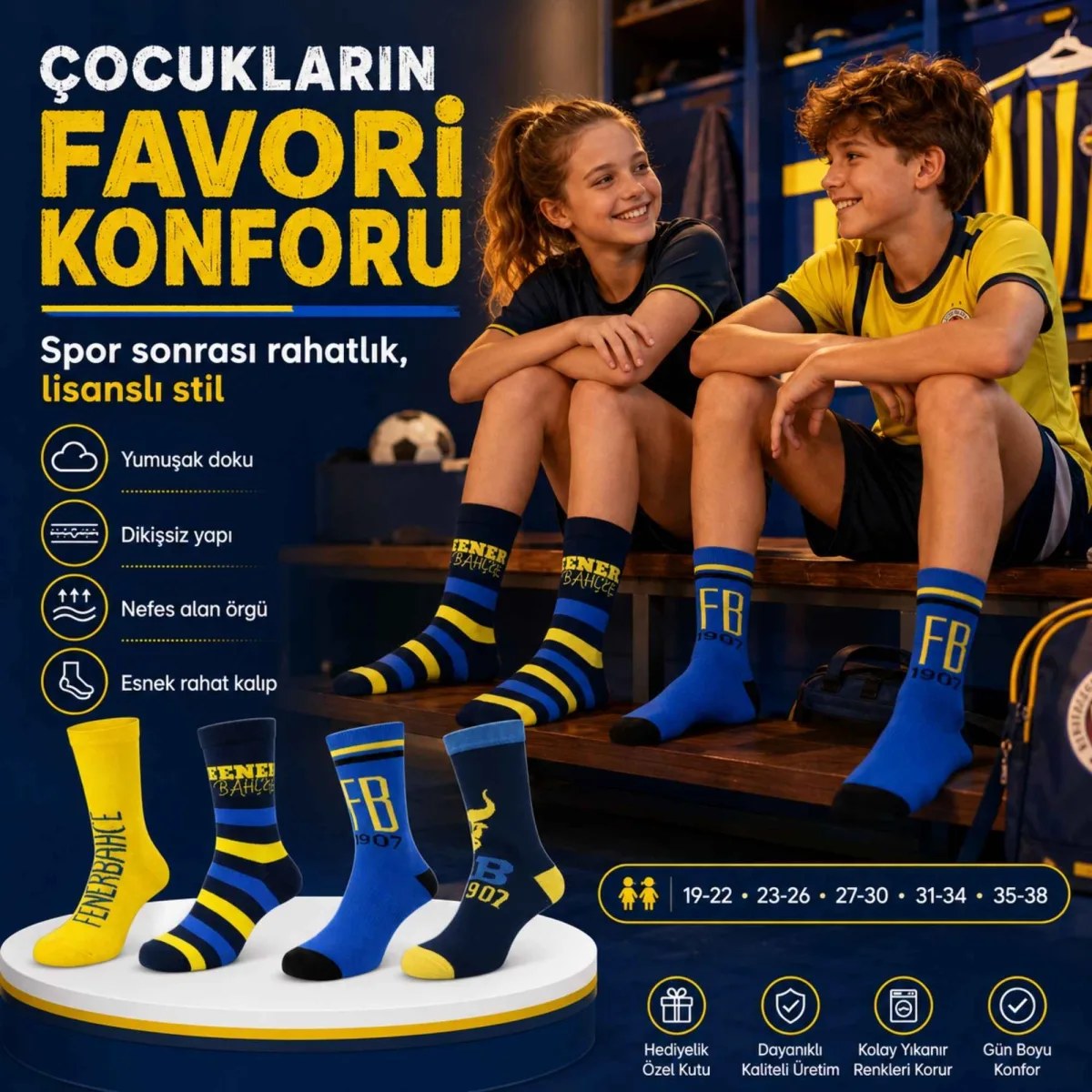 Fenerbahçe Lisanslı Çocuk Çorabı 4’lü Set | Dikişsiz, Yumuşak, Esnek ve Hologramlı Taraftar Çorabı 19-38 Numara