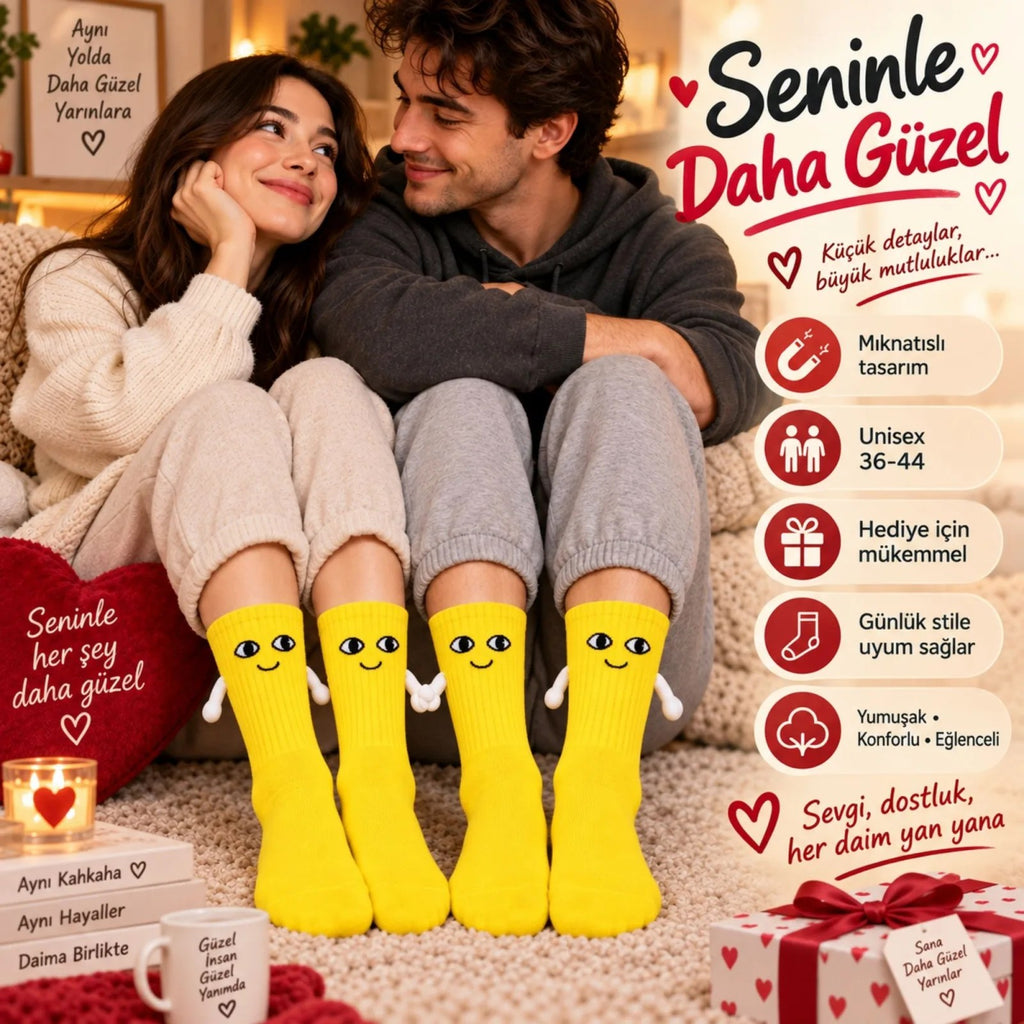Mıknatıslı El Ele Unisex Tutuşan Sevimli Çorap 36-44 | Çift Hediyesi, Pamuklu Renkli Crew Model