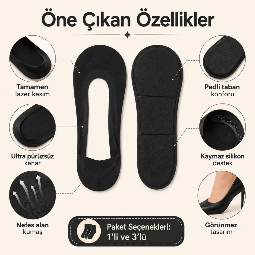 Kadın Pedli Lazer Kesim Görünmez Babet Çorabı 1’li ve 3’lü Paket – Kaymaz Silikonlu Siyah ve Bej
