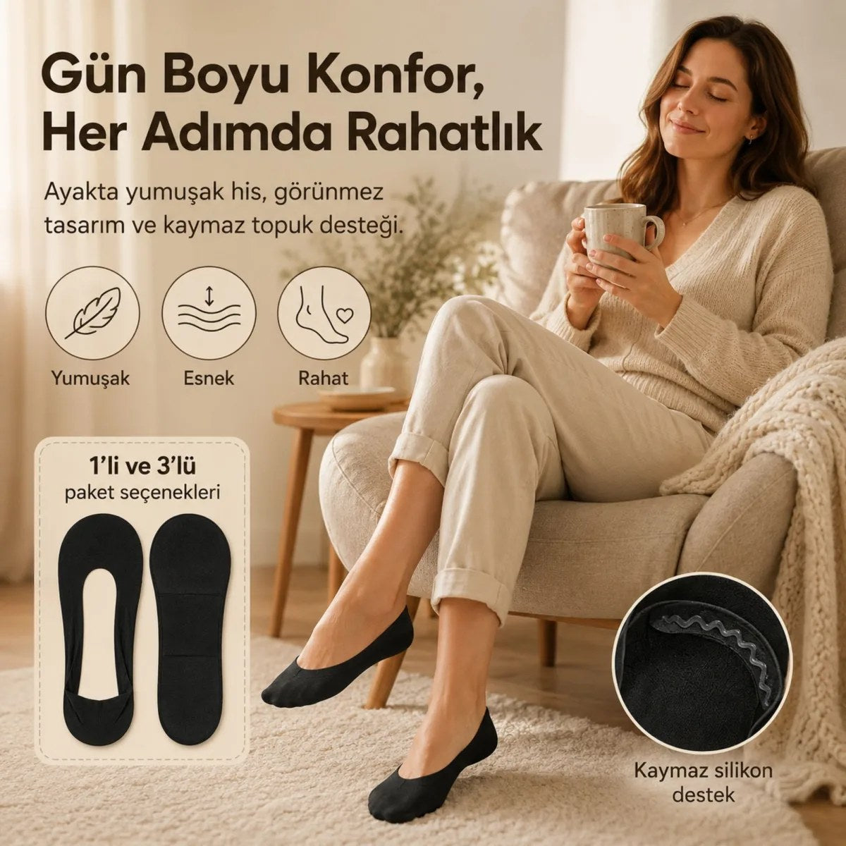 Kadın Pedli Lazer Kesim Görünmez Babet Çorabı 1’li ve 3’lü Paket – Kaymaz Silikonlu Siyah ve Bej