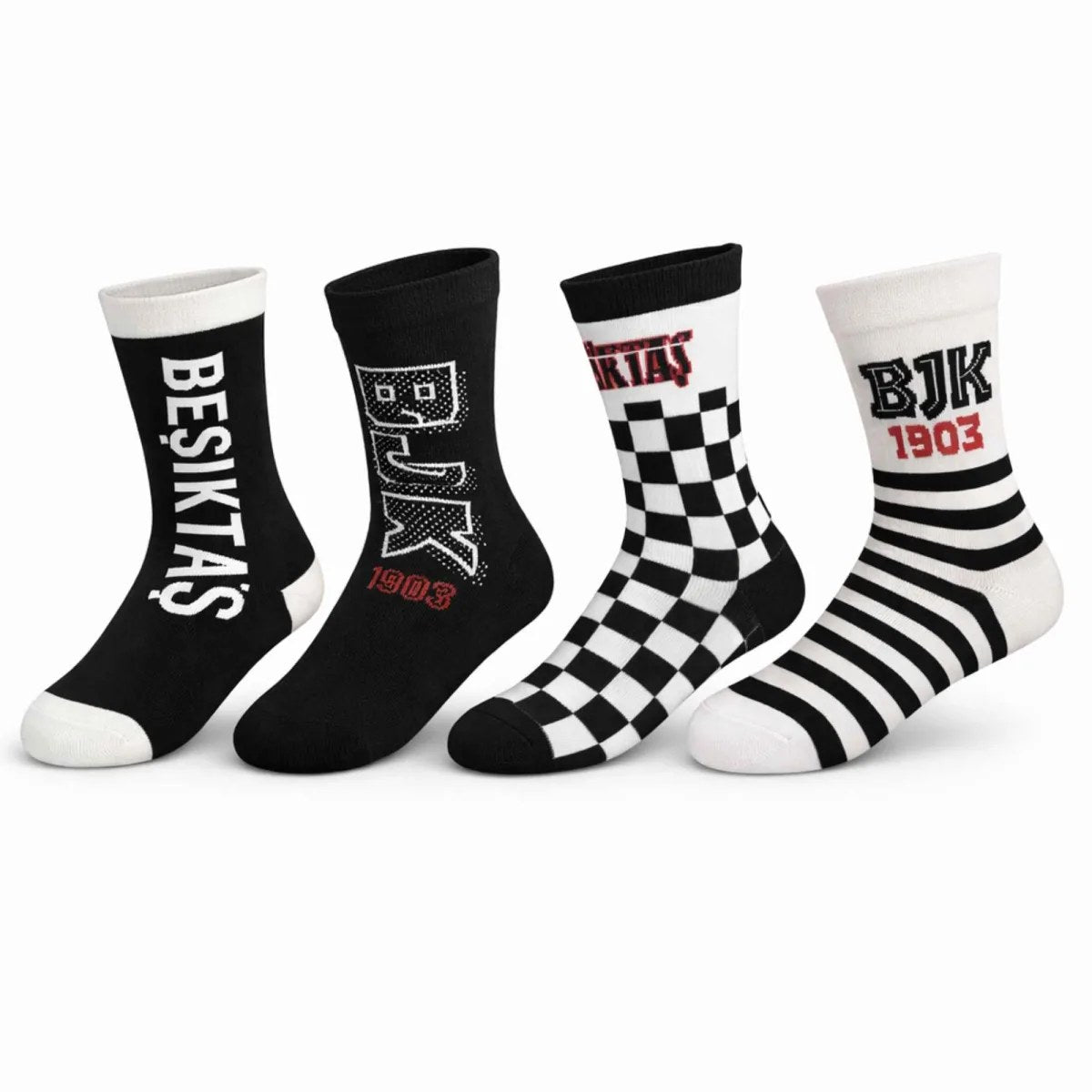Beşiktaş Lisanslı Çocuk Çorabı 4’lü Set – Siyah Beyaz BJK Taraftar Spor Çorabı, 19-34 Numara