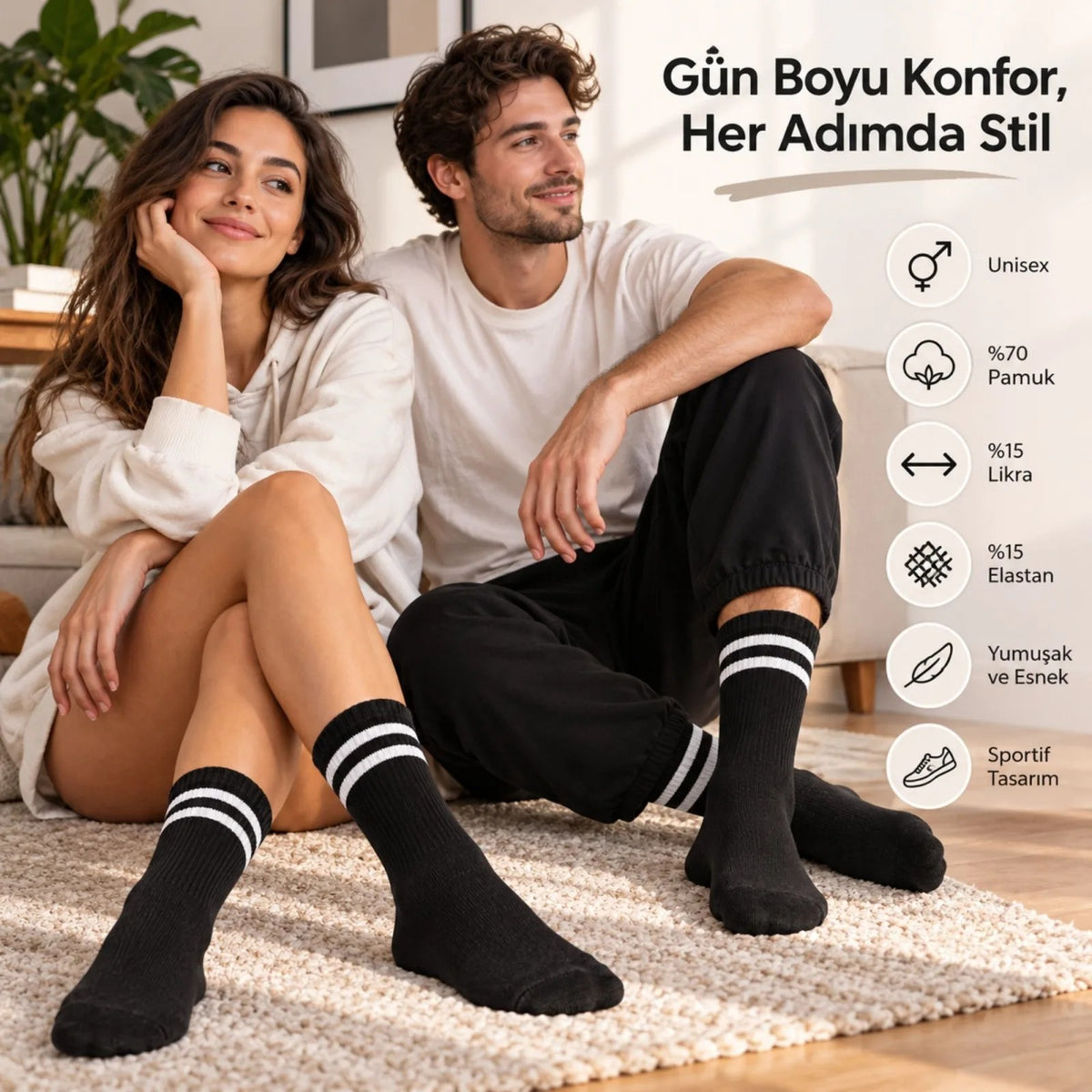 Unisex Siyah Çorap Beyaz Çizgili 9'lu Set Uzun Soket Günlük Spor Kolej Stil Rahat Kadın Erkek Çorabı