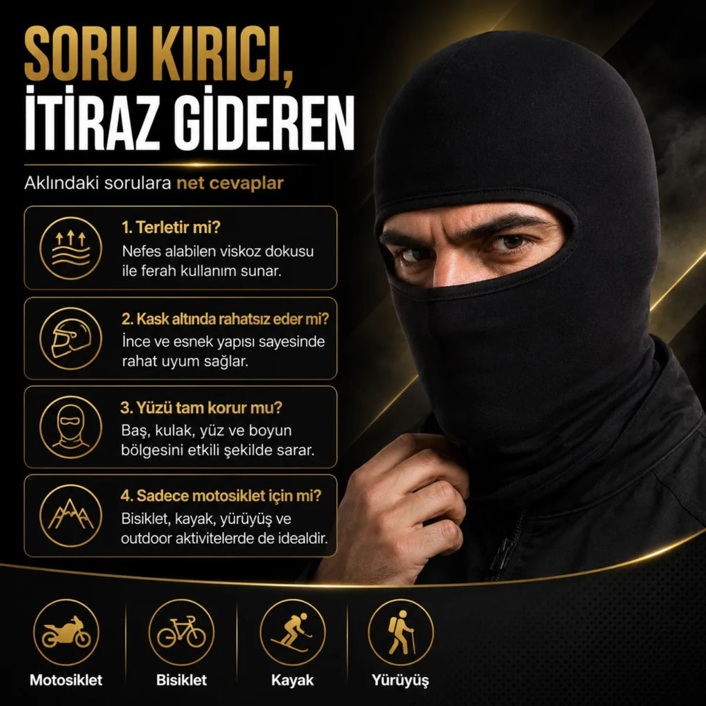Unisex Siyah Balaklava Tek Beden | Viskoz Kask İçi Motosiklet Outdoor Maske