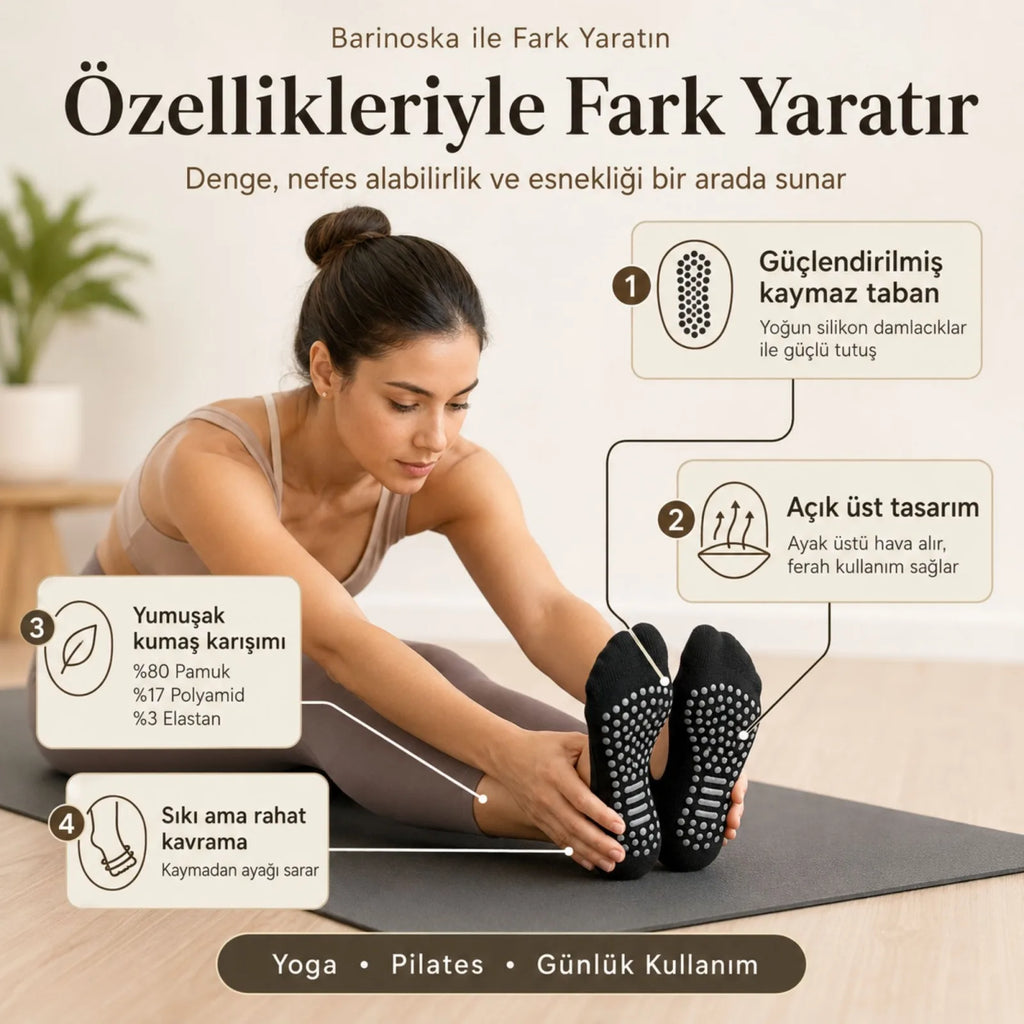 Kadın Siyah Kaymaz Yoga Pilates Çorabı 3'lü | Silikon Taban, Bilek Bantlı, Ev Spor Umre