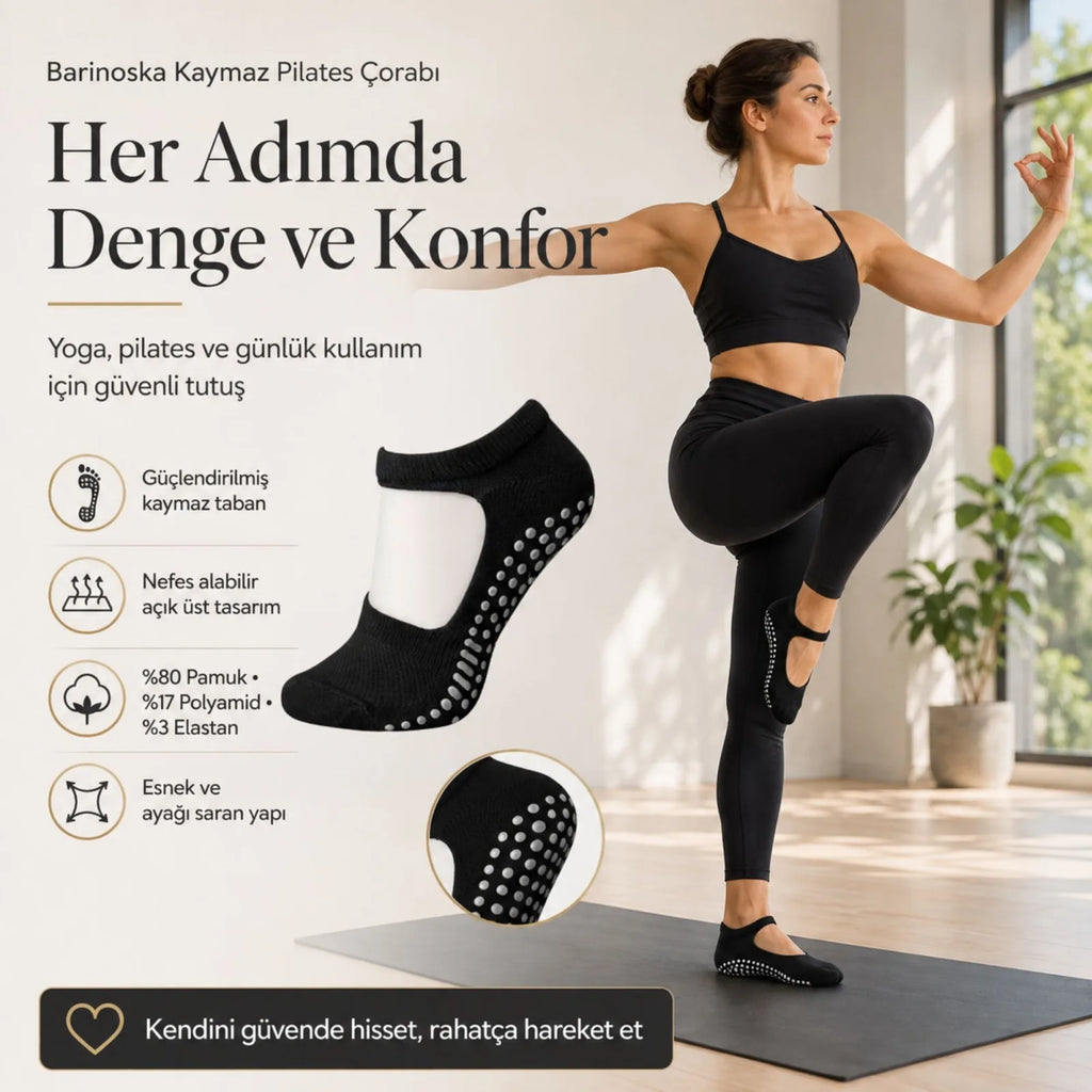 Kadın Siyah Kaymaz Yoga Pilates Çorabı 6'lı | Silikon Taban, Bilek Bantlı, Ev Spor Umre