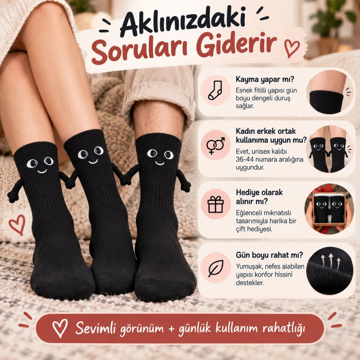 Mıknatıslı El Ele Unisex Tutuşan Sevimli Çorap 36-44 | Çift Hediyesi, Pamuklu Renkli Crew Model