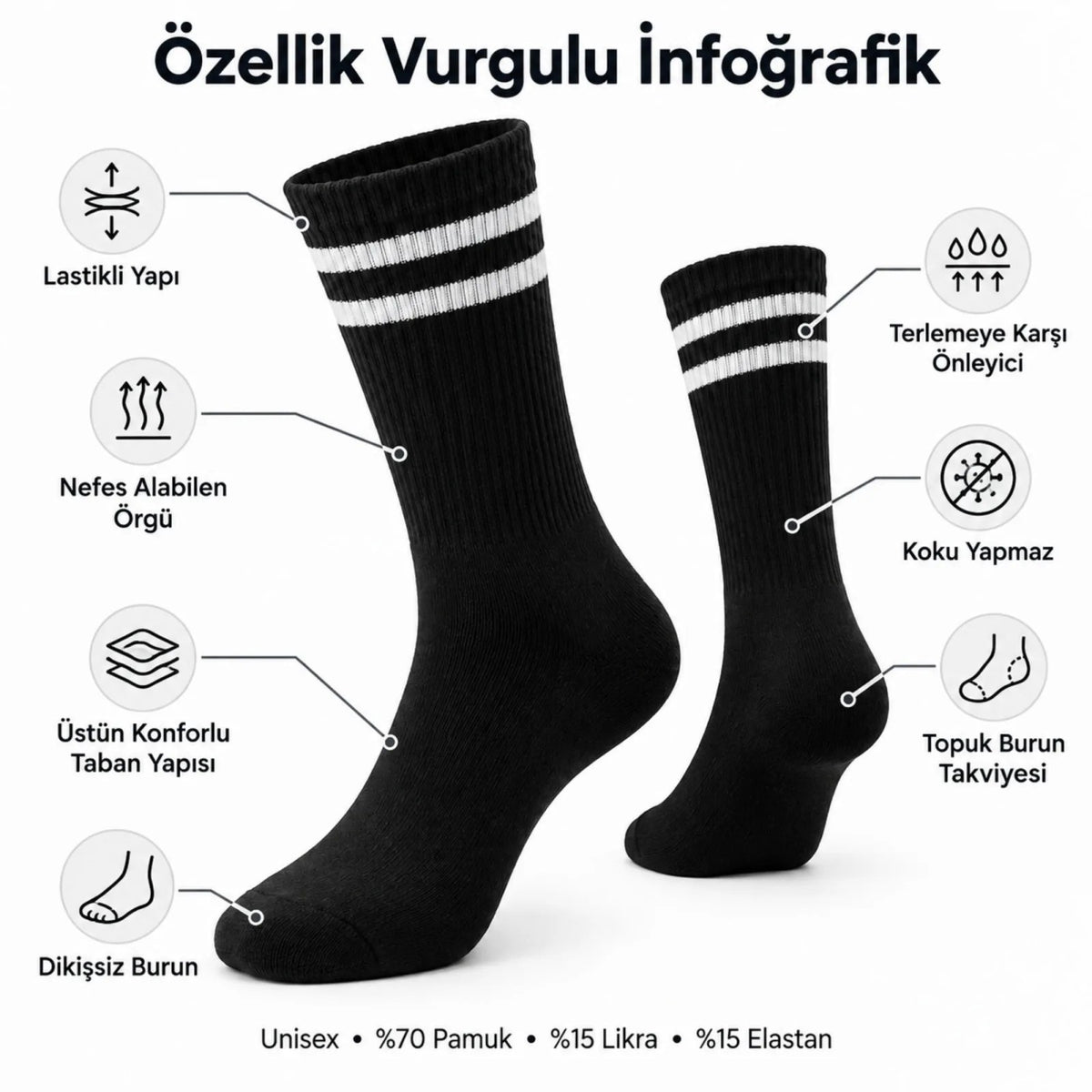 Unisex Siyah Çorap Beyaz Çizgili 6'lı Set Uzun Soket Günlük Spor Kolej Stil Rahat Şık Tasarım Modeli