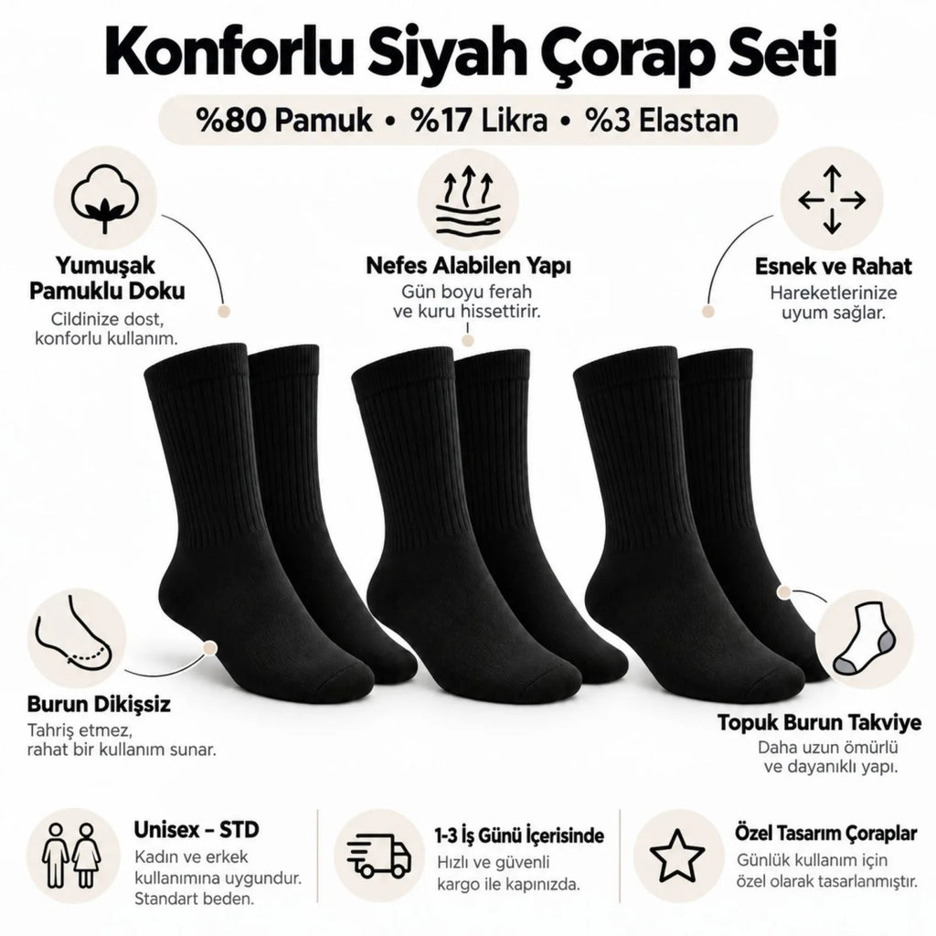 Unisex Siyah Soket Çorap 12'li Set Düz Basic Ribanalı Günlük Spor Esnek Rahat Uzun Çorap Konforlu Set