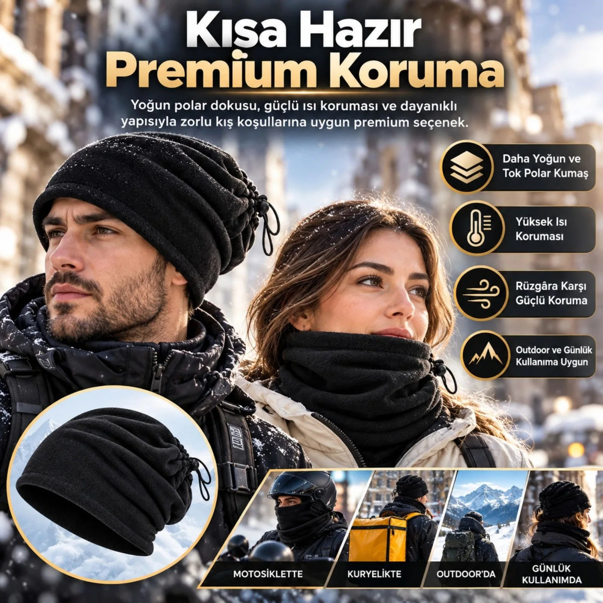 Unisex Premium Polar Bere Boyunluk 2'si 1 Arada Sıcak Tutan Rüzgar Korumalı Outdoor Kışlık Siyah Şık