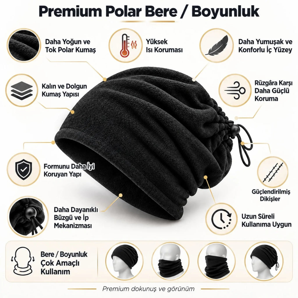 Unisex Premium Polar Bere Boyunluk 2 Adet Set 2'si 1 Arada Sıcak Tutan Rüzgar Korumalı Outdoor Siyah