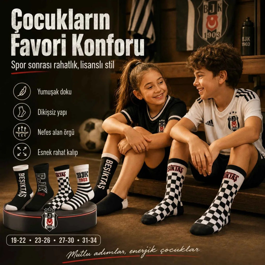 Beşiktaş Lisanslı Çocuk Çorabı 4’lü Set – Siyah Beyaz BJK Taraftar Spor Çorabı, 19-34 Numara