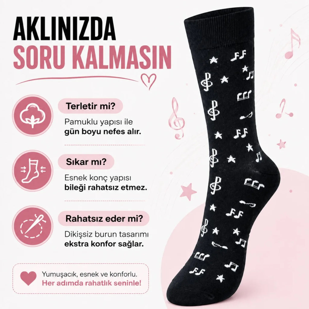 Kadın Müzik Notalı Soket Çorap 36-40 | Pamuklu Dikişsiz Burun Siyah Beyaz Uzun Konç