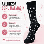 Kadın Müzik Notalı Soket Çorap 36-40 | Pamuklu Dikişsiz Burun Siyah Beyaz Uzun Konç