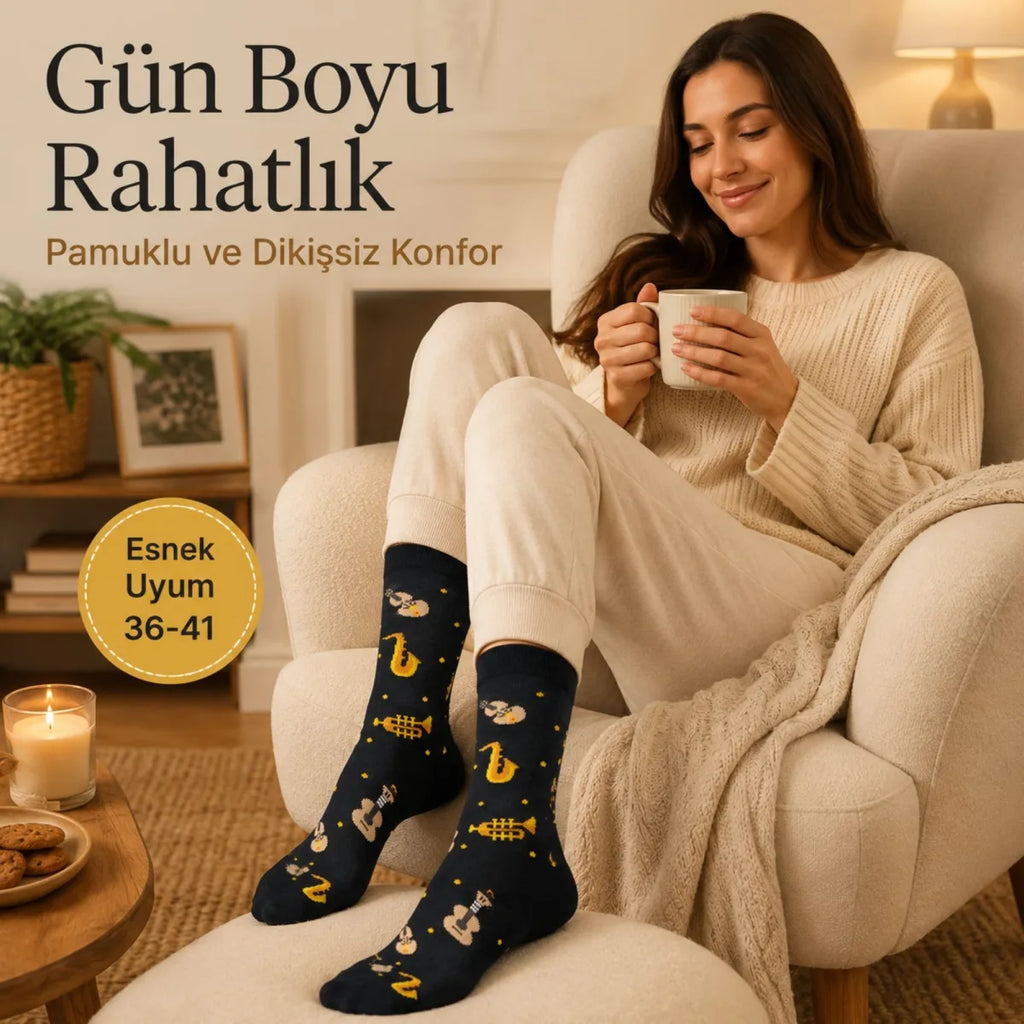Kadın Müzik Enstrüman Desenli Soket Çorap 36-40 | Pamuklu Dikişsiz Siyah Uzun Konç Hediyelik