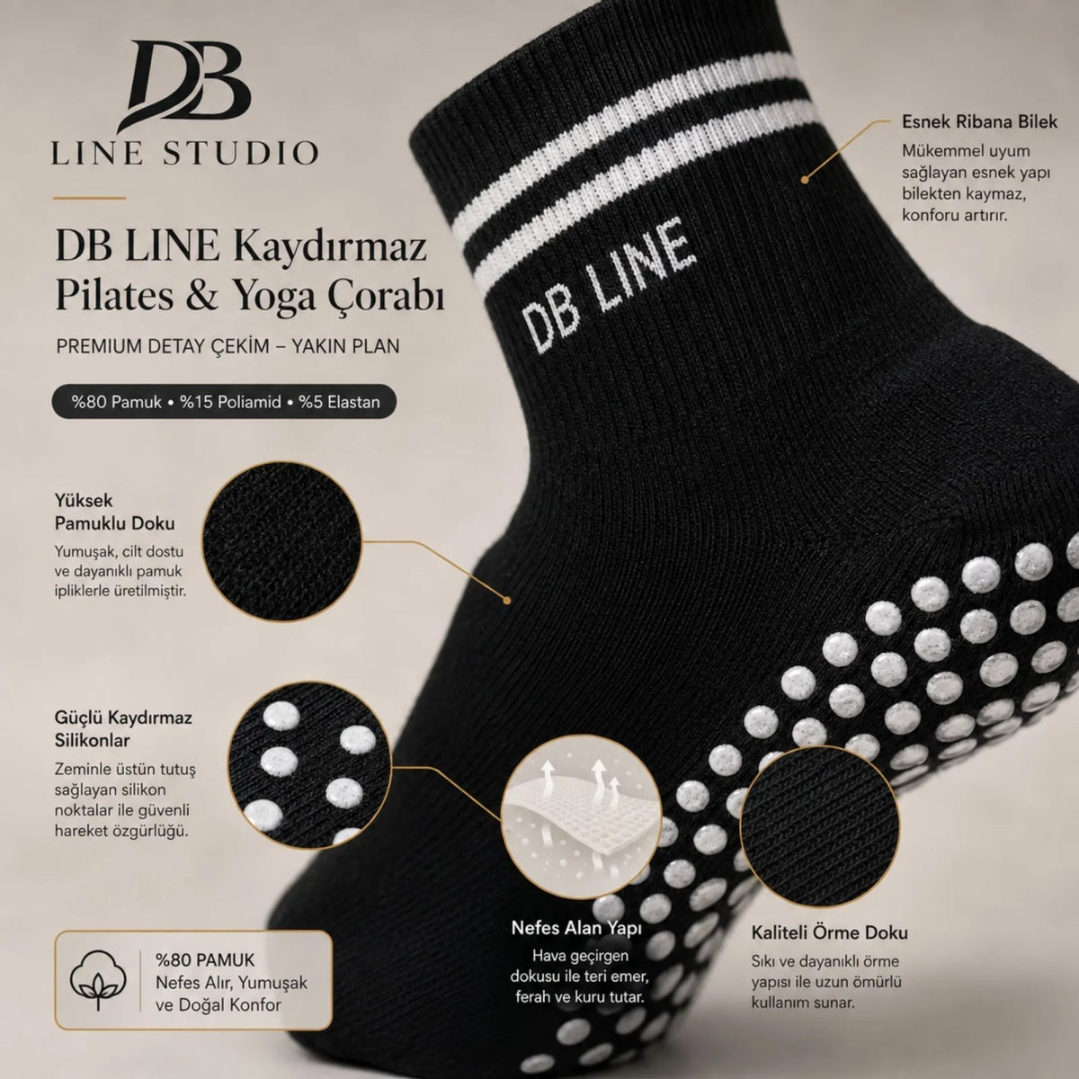 DB LINE Kaydırmaz Yoga Pilates Çorabı 4'lü | Pamuklu Silikon Taban, Barre Stüdyo Spor