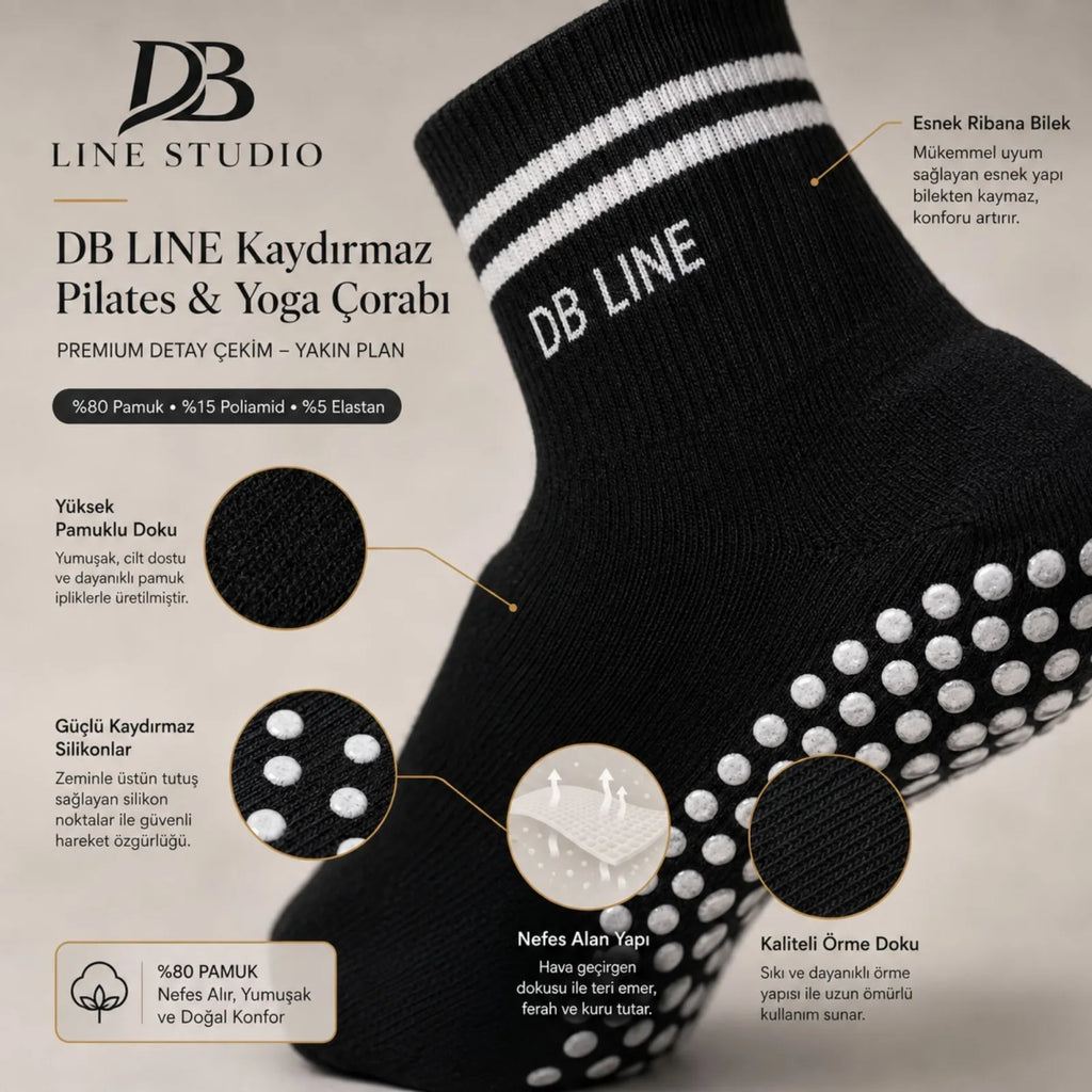 DB LINE Kaydırmaz 8'li Pilates Yoga Çorabı Pamuklu Silikon Tabanlı Barre Stüdyo Spor Çorabı