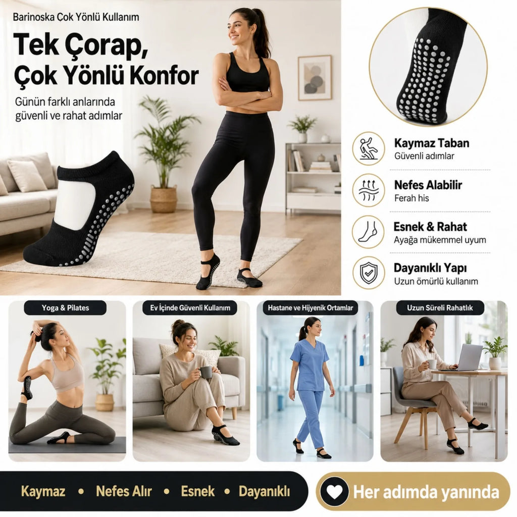 Kadın Siyah Kaymaz Yoga Pilates Çorabı 6'lı | Silikon Taban, Bilek Bantlı, Ev Spor Umre