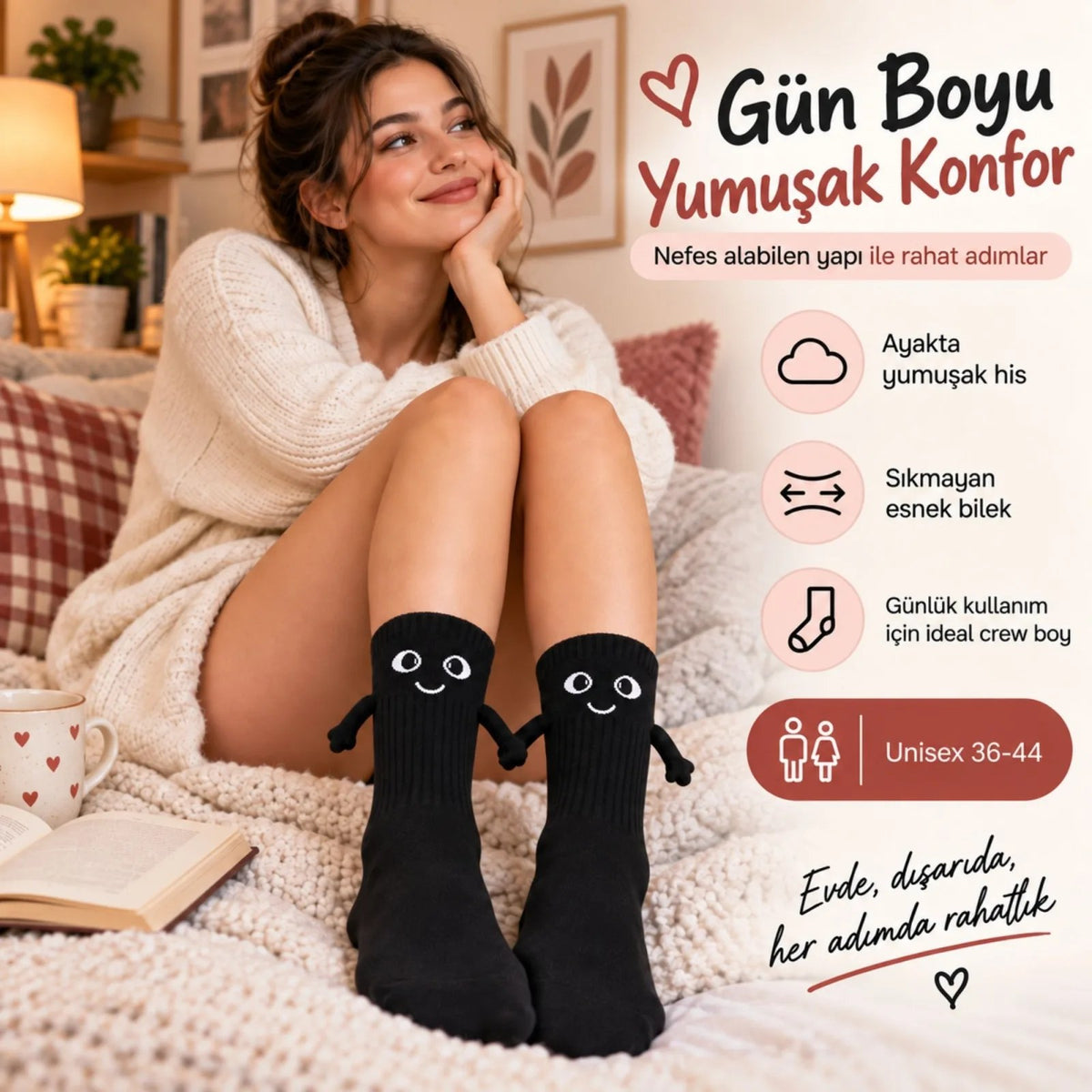 Mıknatıslı El Ele Unisex Tutuşan Sevimli Çorap 36-44 | Çift Hediyesi, Pamuklu Renkli Crew Model