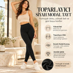 Kadın Toparlayıcı Siyah Modal Tayt Yüksek Bel Esnek Rahat Günlük Spor Vücut Şekillendirici Tayt Slim