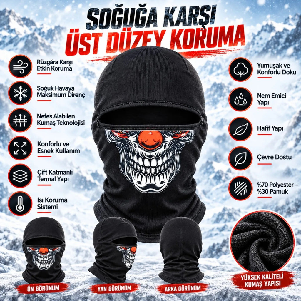Unisex Şık Palyaço Desenli Balaklava Kışlık Tam Yüz Maske Termal Nefes Alan Esnek Kask Altı Boyunluk