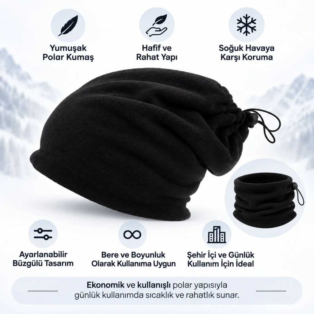 Unisex Polar Bere Boyunluk 2'si 1 Arada Ayarlanabilir Büzgülü Sıcak Tutan Kışlık Siyah Günlük Konfor
