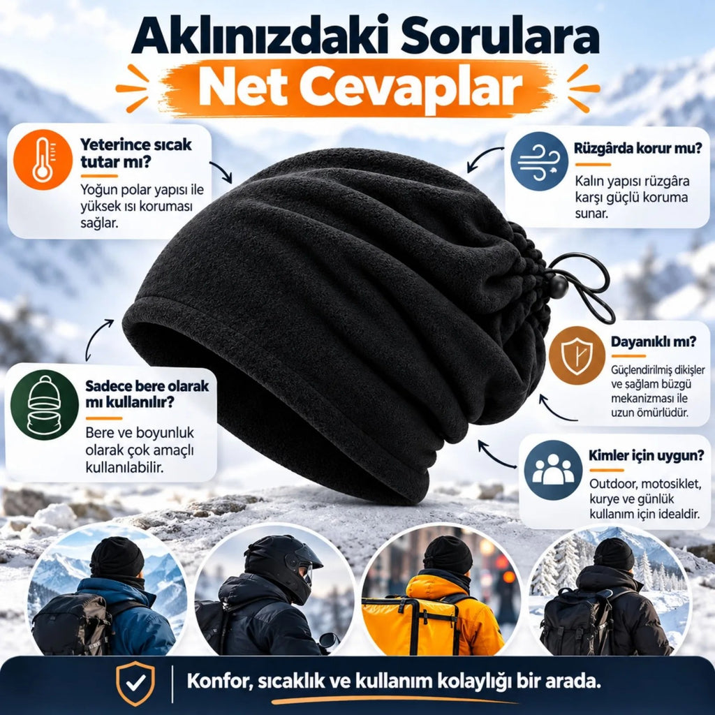 Unisex Premium Polar Bere Boyunluk 2 Adet Set 2'si 1 Arada Sıcak Tutan Rüzgar Korumalı Outdoor Siyah