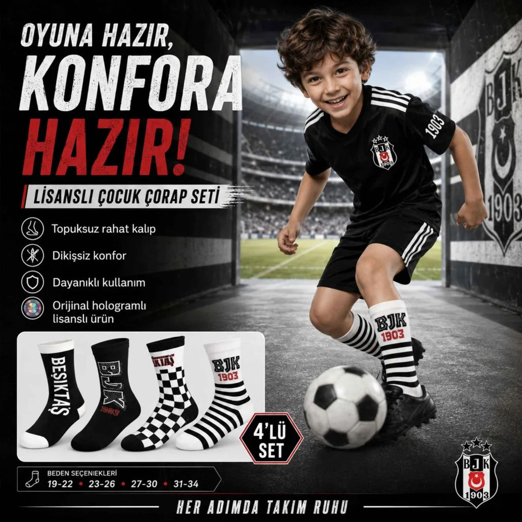 Beşiktaş Lisanslı Çocuk Çorabı 4’lü Set – Siyah Beyaz BJK Taraftar Spor Çorabı, 19-34 Numara