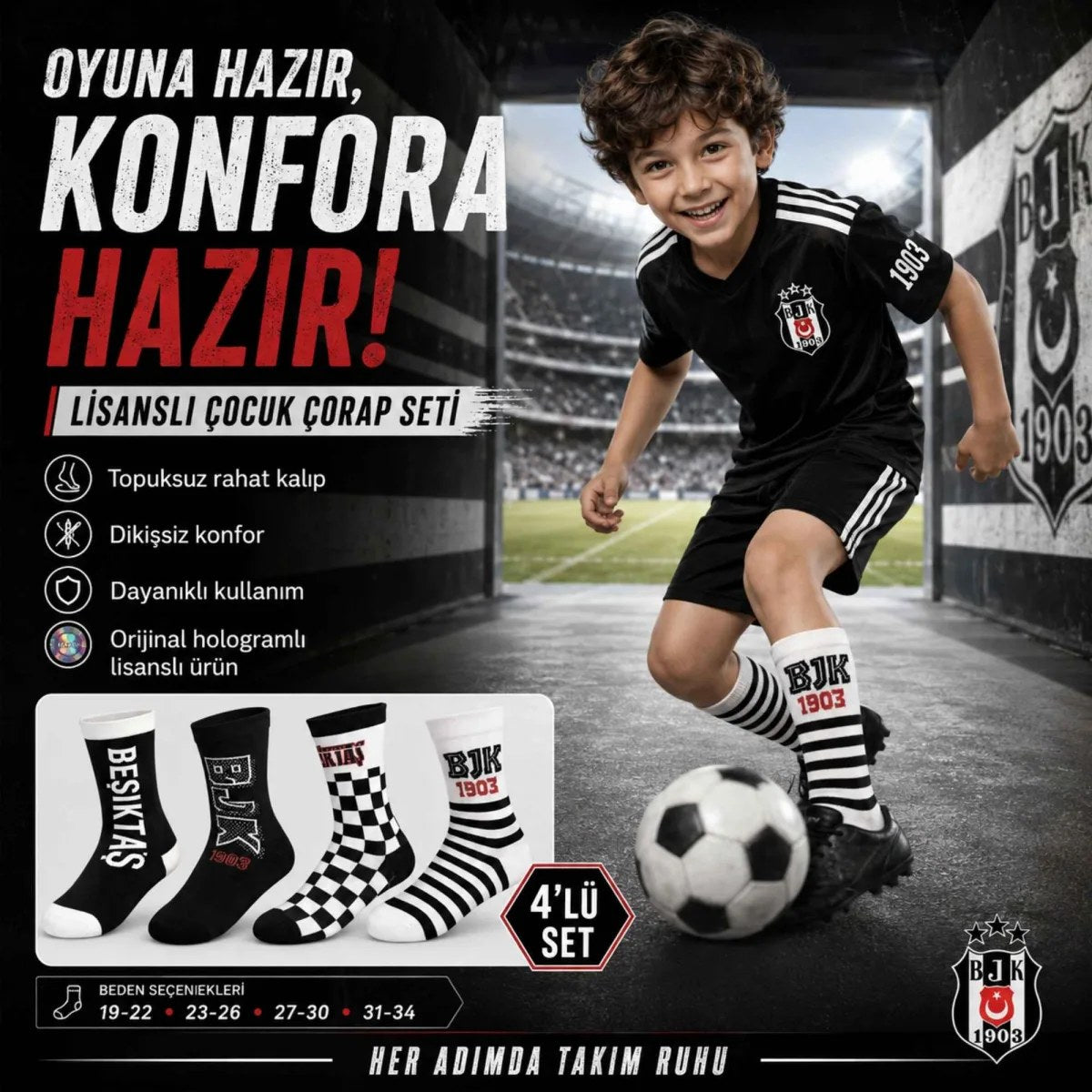 Beşiktaş Lisanslı Çocuk Çorabı 4’lü Set – Siyah Beyaz BJK Taraftar Spor Çorabı, 19-34 Numara