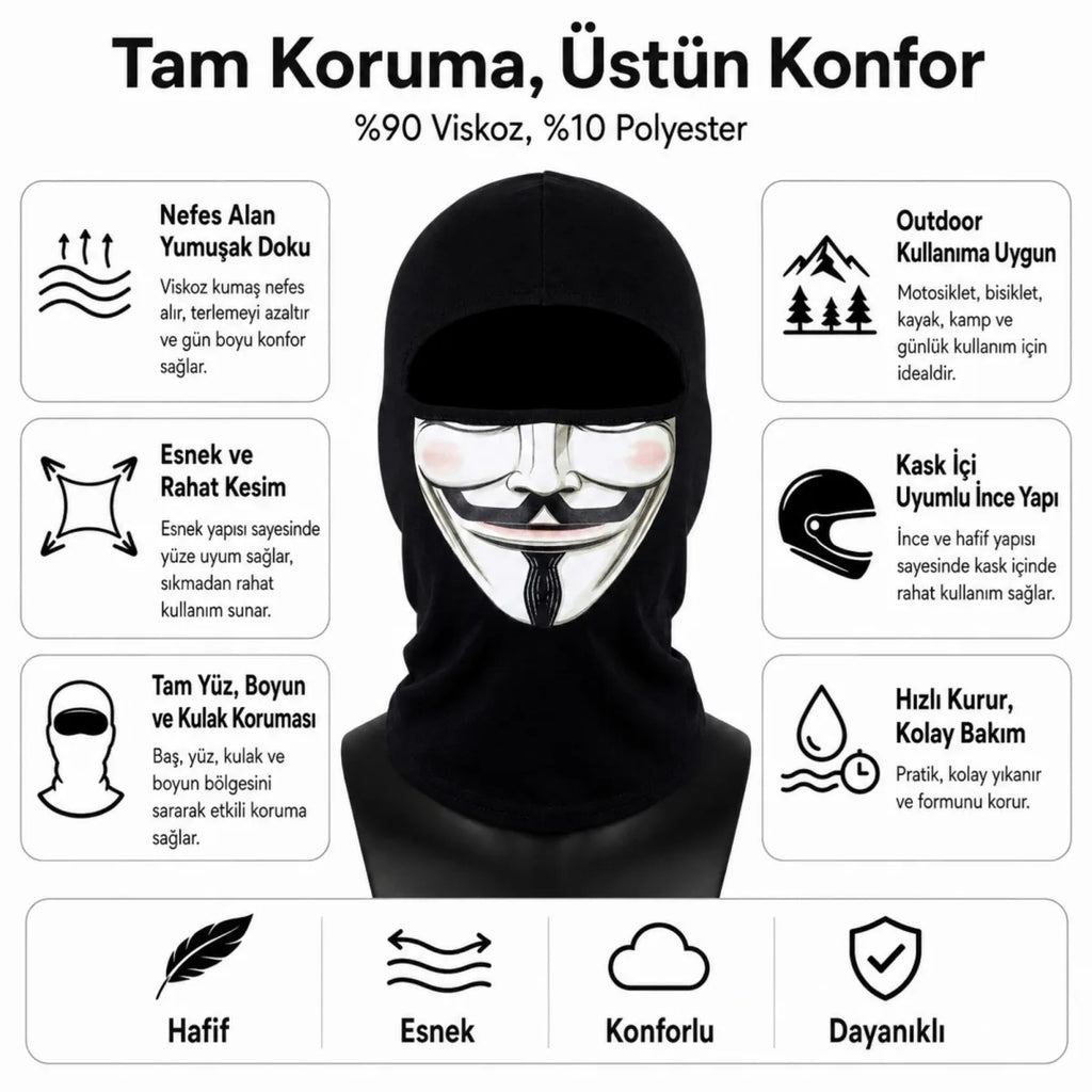 Unisex  Baskılı Balaklava 1 Adet Tek Beden Viskoz Kask İçi Motosiklet Maskesi