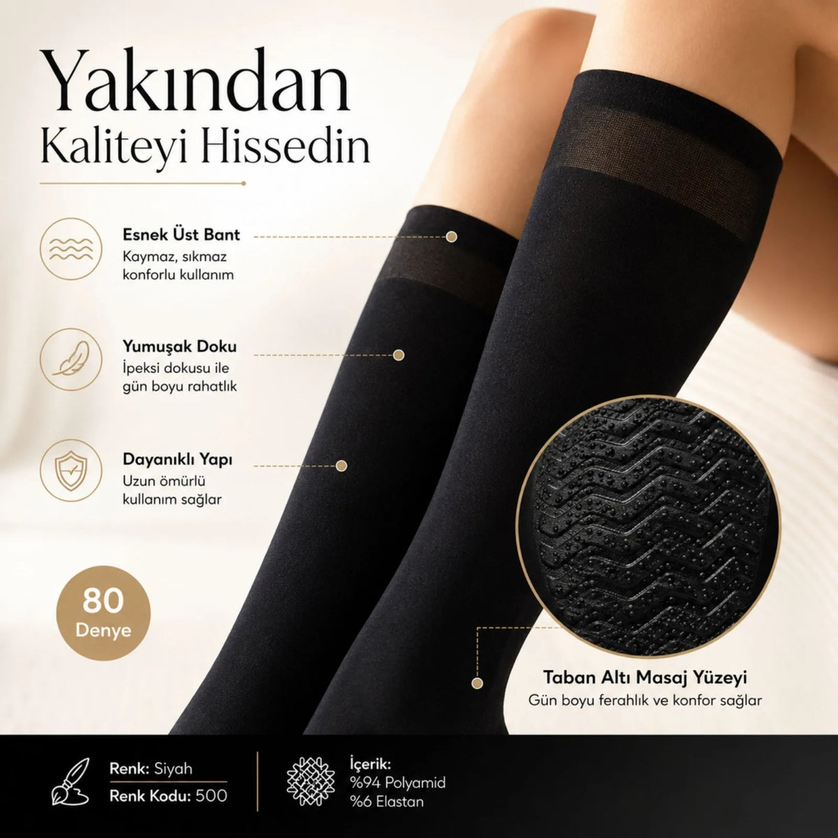 Kadın 6’lı Anne Masaj Tabanlı Dizaltı Çorap 80 Denye Esnek Rahat Günlük Kullanım