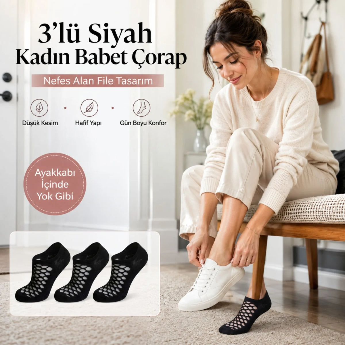 3’lü Kadın Siyah File Babet Çorap Düşük Kesim İnce Esnek Nefes Alan Görünmez Çorap Seti